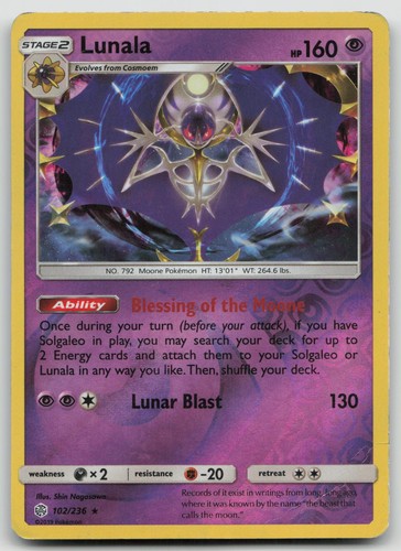 Lunala 102/236 Rare Cosmic Eclipse Pokemon Reverse Holo Heavily Played