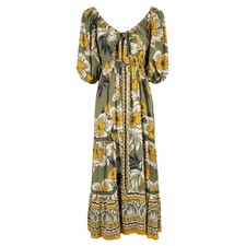 Angie Boho Maxi Dress Green Floral Peasant Prairie Cottagecore Tie Front Size M