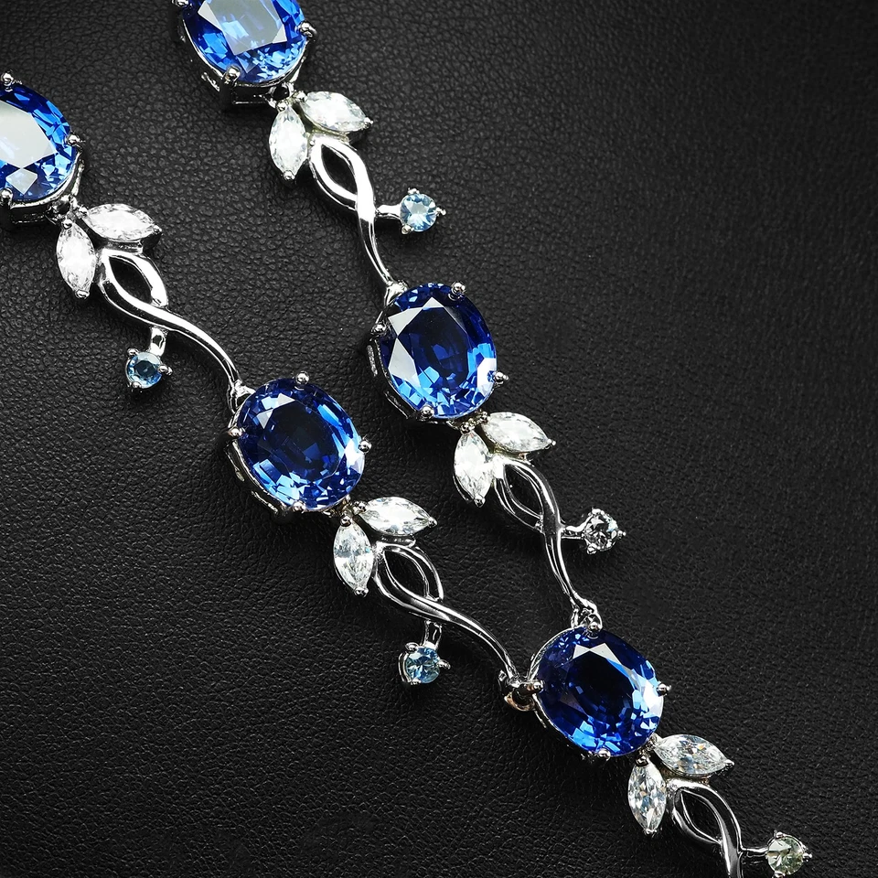 925 Sterling Silver White Gold Neckaces Classically Royal Blue Sapphire 28.40Ct - Image 3 of 4