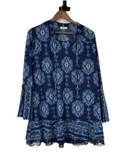 Style Co Boho Blue Floral Flowy Tunic Peasant Blouse L Lace Tassel Bell Sleeve