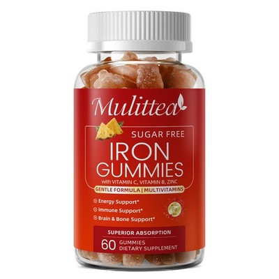 60ct Sugar Free Iron Gummies for Women with Vitamin C & B, Gentle on Stomach