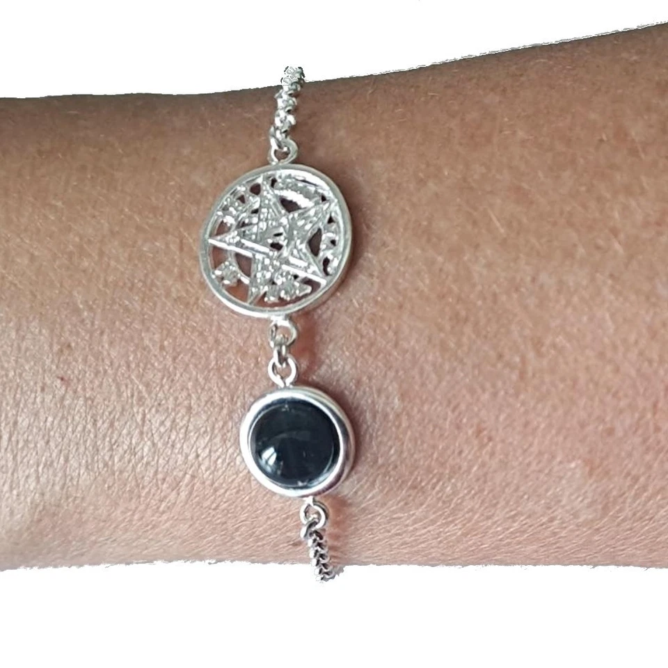 PULSERA TETRAGRAMATON PLATA DE LEY y ÓNIX natural cabujón redondo 8mm y Estuche - Imagen 2 de 4