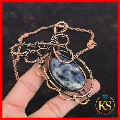 Copper Oval Natural Iolite Sunstone Wire Wrapped Chain Mother Necklace Jewelry