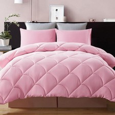 3 PCS Pink Full Comforter Set, Quilted, Down Alternative, 2 Pillow Shams, Soft