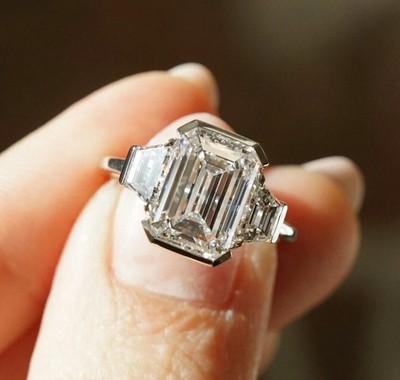 4 CT Emerald Cut Three Stone Moissanite Engagement Ring 14K White Gold Plated