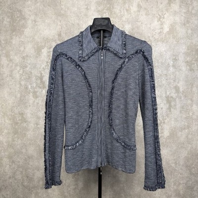 Escada Blue Gray Fringe Zip Up Knit Cardigan Jacket Womens Size 38 US 8