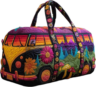 Hippie Journey Quilted Duffel Bag Vintage Floral Hippie Van Travel Duffle Bag Bo