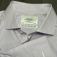 Charles Tyrwhitt Dress Shirt Mens 17 / 35 French Cuff Extra Slim Lavender Stripe