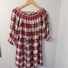 Dex Plaid Floral Embroidered Smocked Dress | Size Large | Cottagecore Cabincore