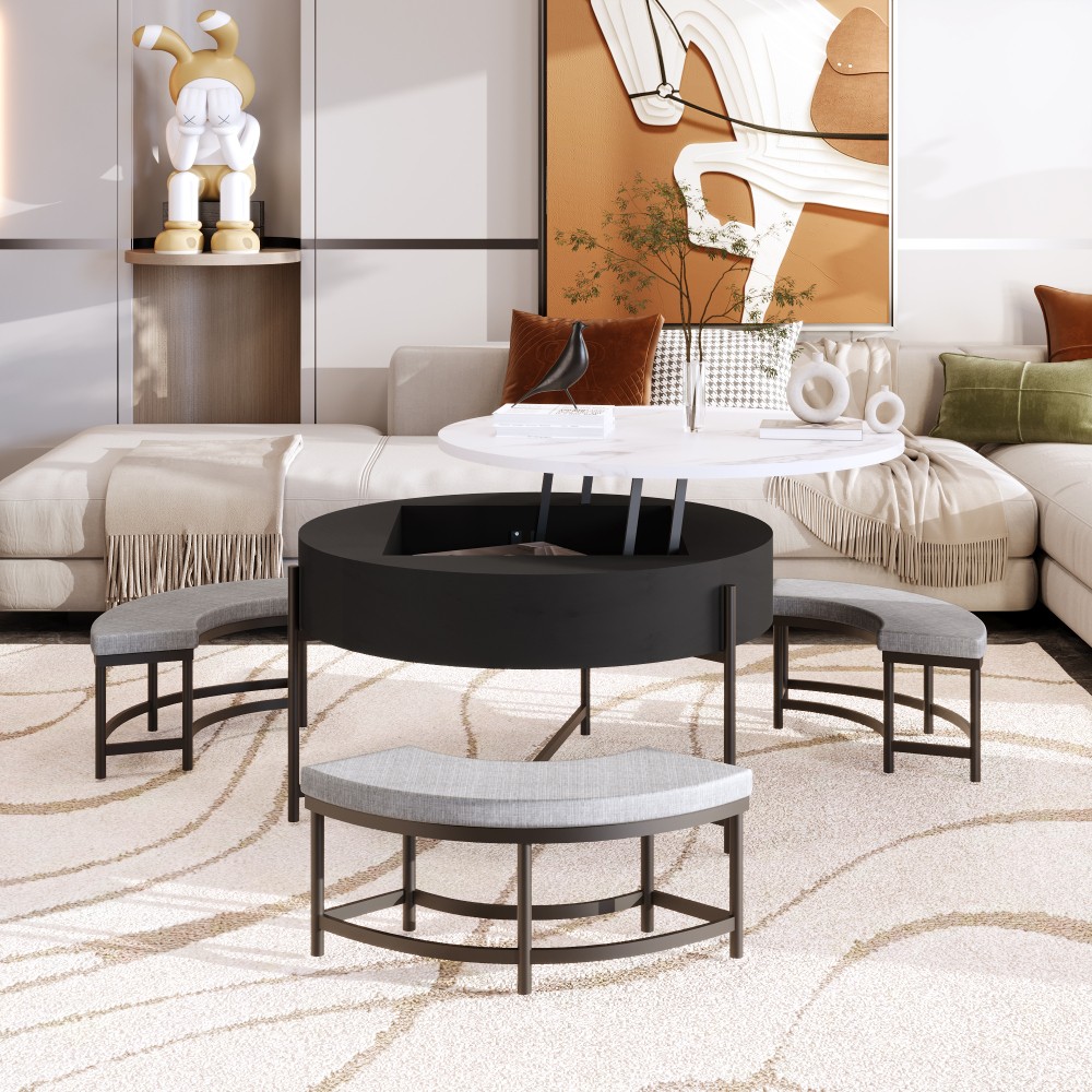 Modern Round Lift Top Coffee Table with Storage 3 Ottoman White and Black