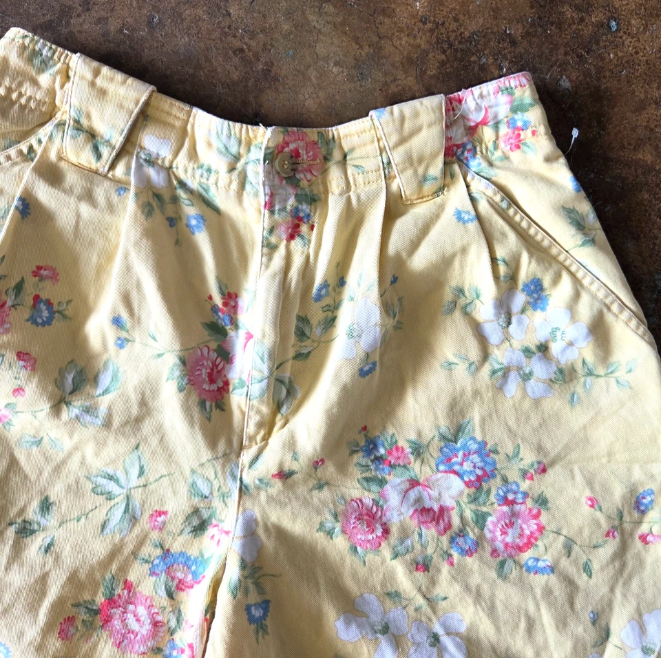 Pantalones Cortos Vintage Años 80 Liz Claiborne Amarillo Floral Talla M Tiro Alto Mamá Cottagecore Foto 3 de 4