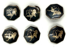 Superb Antique Large Siam Sterling Silver Niello Hexagonal Buttons x 6 Full Set