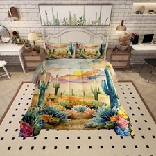 Watercolor Desert Bedding Set King Size Green Cactus Plant Comforter Southwes...