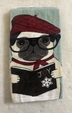 JOY! Pug Dog Wearing Glasses & Reading a Book Holiday Christmas Kitchen Towel