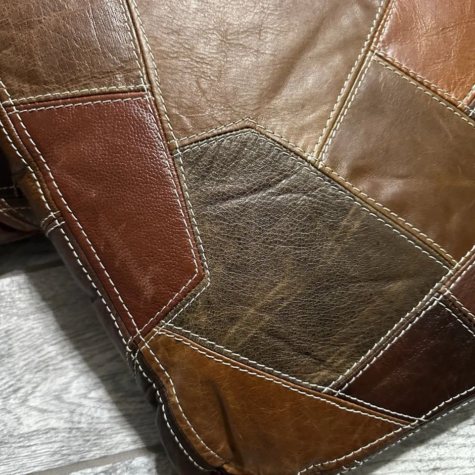 3 Vintage 1980s Patchwork Leather Throw Pillows With Side Zippers 17"X17" - Image 3 of 4