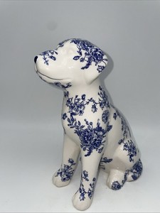 LABRADOR WHITE W/ BLUE FLOWER PRINT CERAMIC FIGURINE