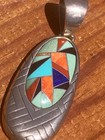 c1985 ZUNI INLAY PENDANT NECKLACE TURQUOISE STERLING SILVER JEWELRY  ~ "CR" — photo 1