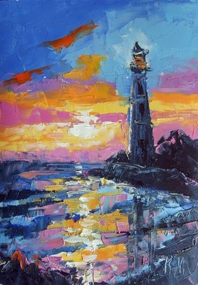 Lighthouse handmade oil painting original 1/1 artwork impasto vibrant sunset