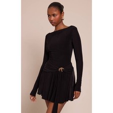Pretty Little Thing Black Long Sleeve Mini Dress Gold Buckle Detail Pleated