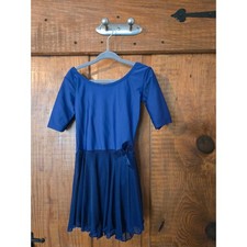 LEVERET Girl Navy Blue Ballet Dance Leotard Dress Mesh Skirt Cross Back Size S