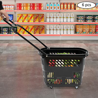 6pcs 35L Retail Cart Wheels W/ Handle Rolling Shopping Basket Trolley Black