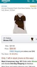 NEW LA Linen Bridal Satin Chair Bows Sashes, 7 by 108-Inch, BRoWN, 10-Pack...