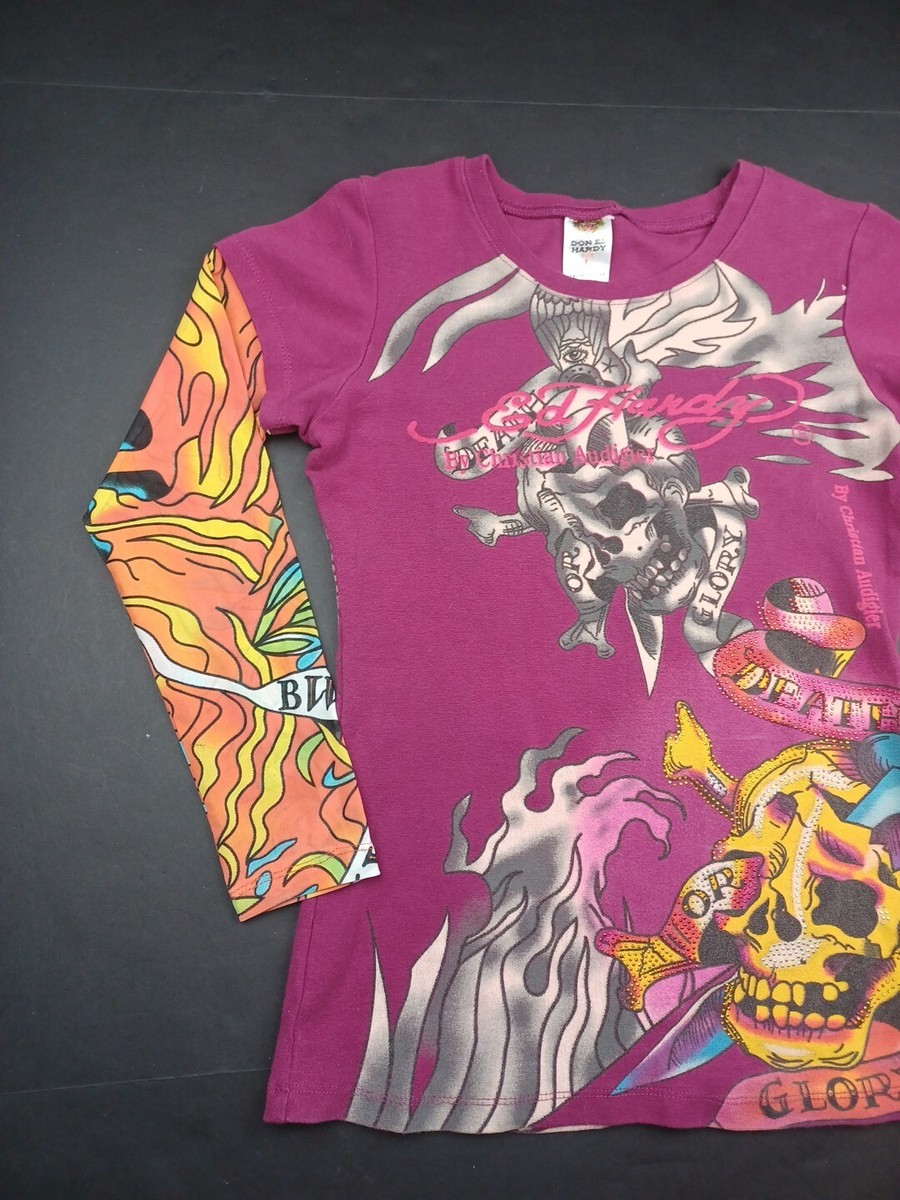 トップス Ed Hardy Tattoing longsleeve Vtg Women's Ed Hardy Purple Tattoo Long Sleeve Shirt Size Large
