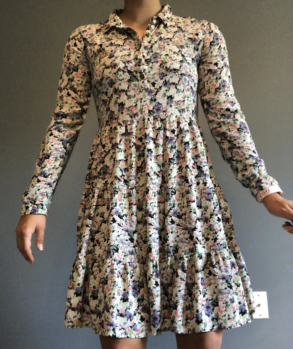 GANNI by Anthropologie Floral Long Sleeve Chiffon Tiered Midi Dress Size Small