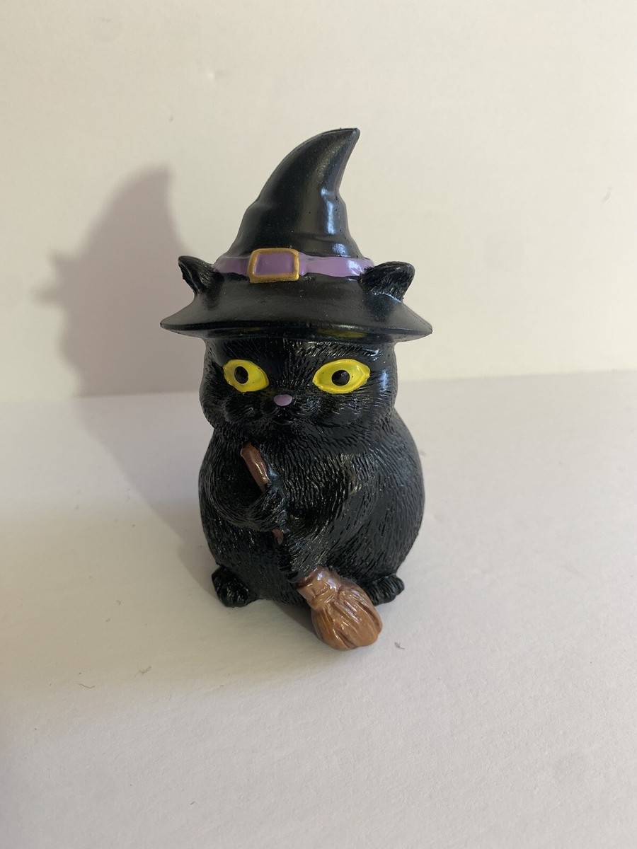Halloween Black Witch Cat with Broom Statue | eBay