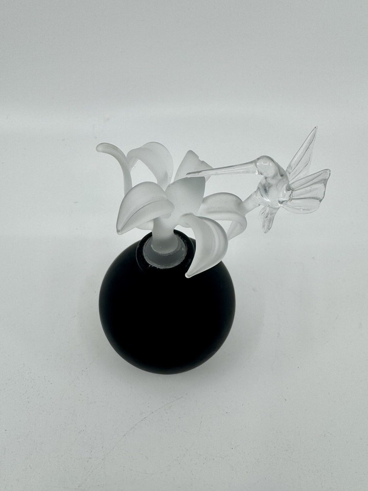 Vtg Golden Crown E & R Black Satin glass hummingbird floral perfume