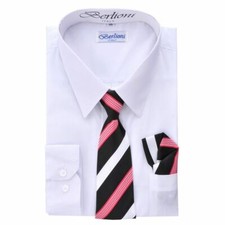 BERLIONI ITALY KIDS BOYS DRESS SHIRT LONG SLEEVE WITH TIE  HANKY WHITE