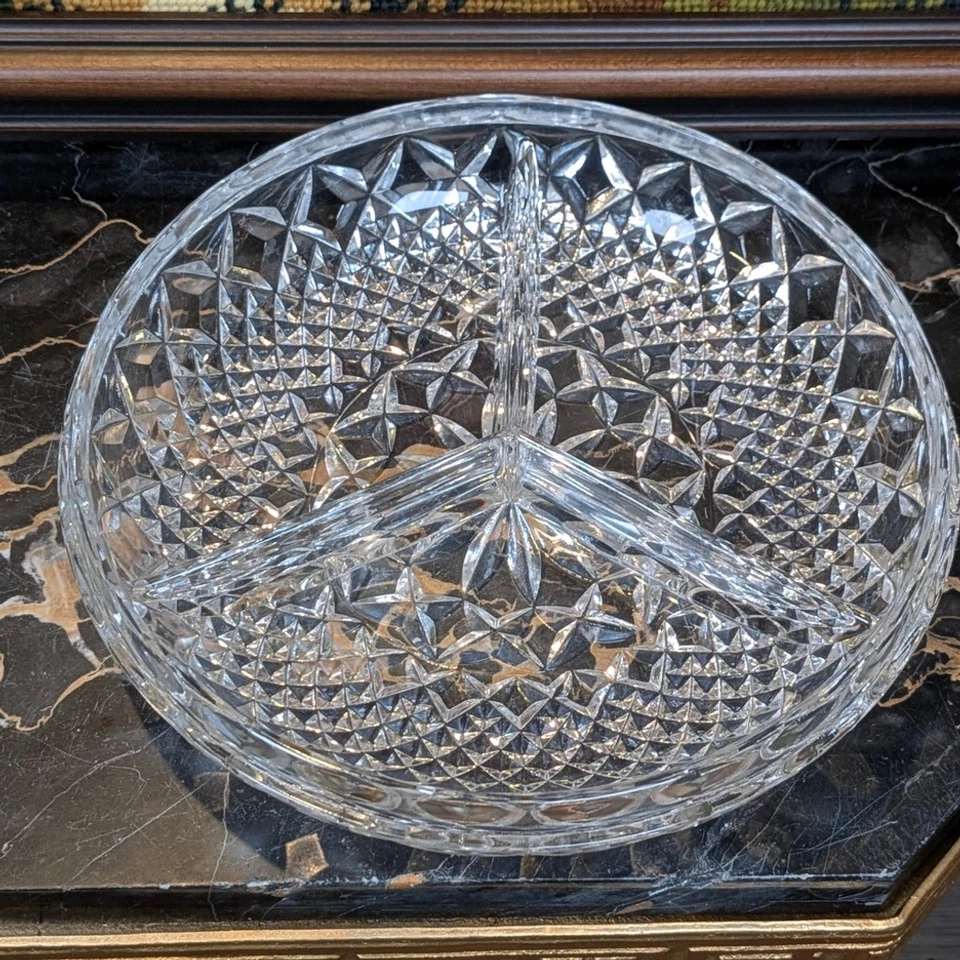 Plato Relish Vintage Vidrio Dividido | Bandeja de Caramelos y Tocador Punta Diamante Cristal Cortado Foto 4 de 4