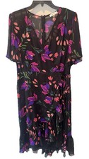 Calvin Klein Sheer Colorful Floral Faux Wrap Flutter Sleeve Ruffle Dress 14 NEW