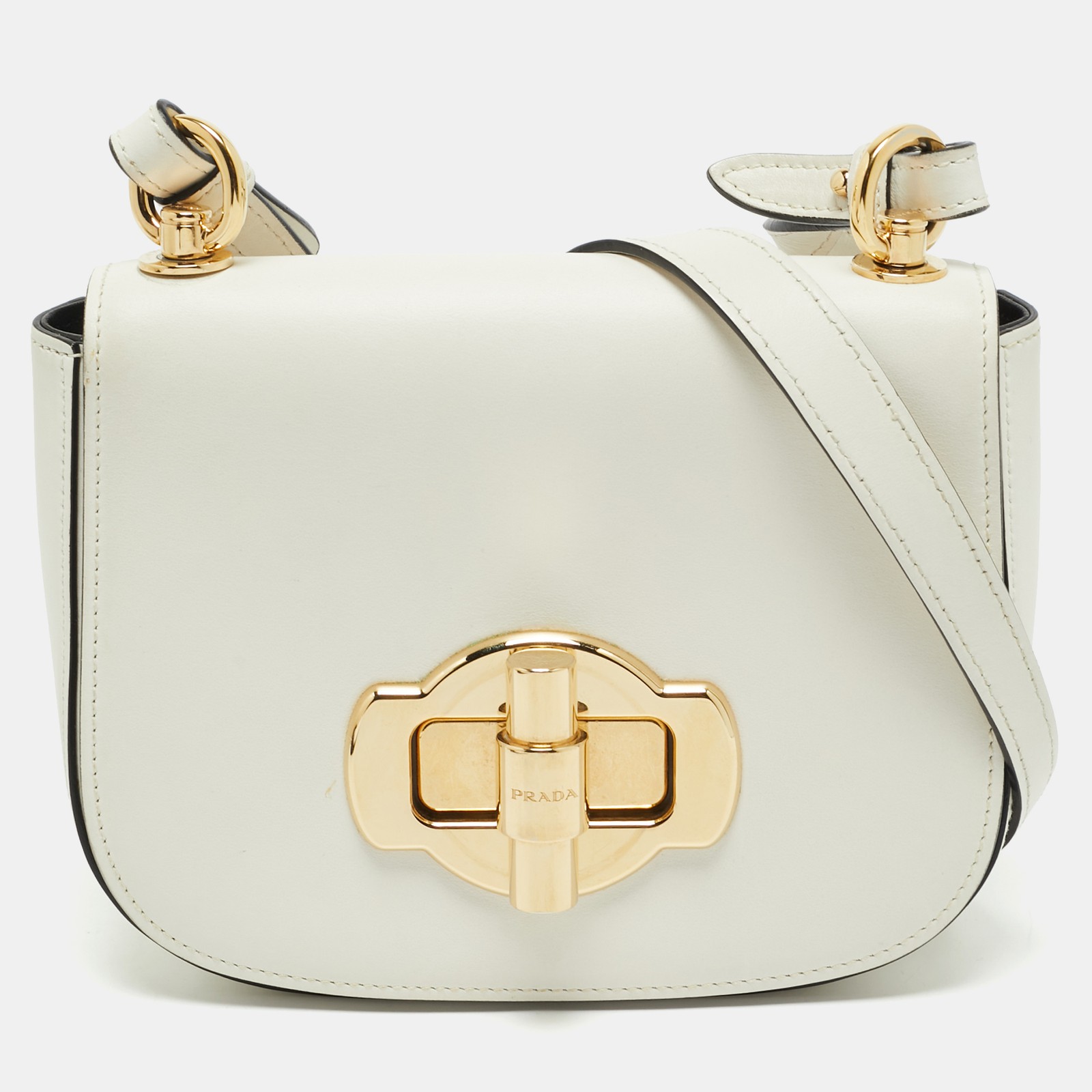 Prada White Leather Turnlock Saddle Crossbody Bag