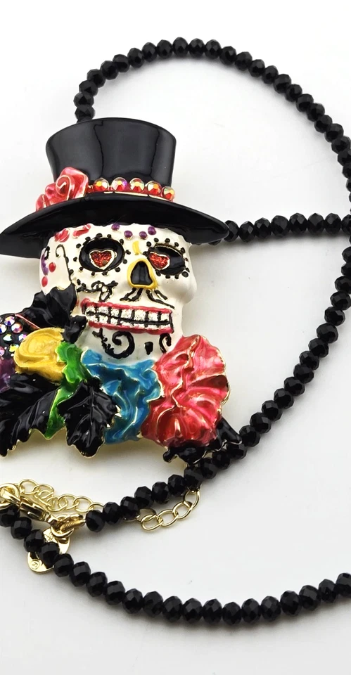 Kirks Folly Mr. Bones Sugar Skull Pin Pendant With Black Beaded Necklace GT #52 - Image 4 of 4