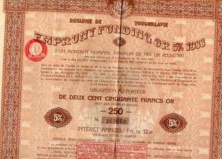 Emprunt OR 5% 1933 Royaume de Yougoslavie Obligation de 250 francs OR 33 coupons