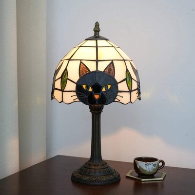 Vintage Cat Stained Glass Table Lamp Tiffany Style Bedside NightLight Home Decor