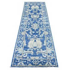 3'x9' Denim Blue Angora Oushak Leaf Design Hand Knotted Wool Runner Rug 22312