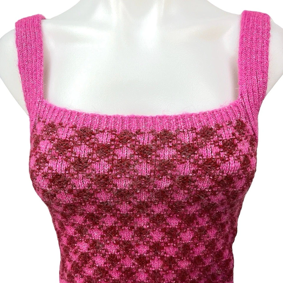 Zara Pink Wool Plaid Checkered Crochet Knit Square Neck Crop Sweater Tank Top S - Image 3 of 4