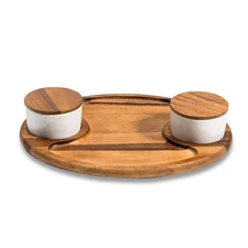 Charcuterie Serving Tray Acacia Board with 2 Ceramic Bowls and Lids