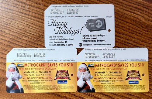 NYC Metrocards, Set of 3 Happy Holidays. Vintage Near mint. 