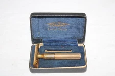 Vintage Gillette HEAVY GOLD TECH DE Safety Razor Set in Case 1940's
