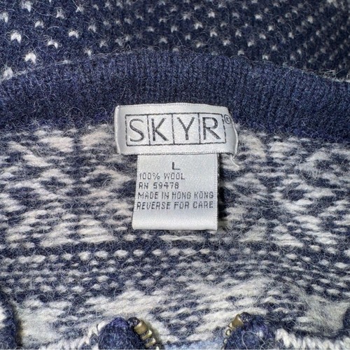 SKYR 100% Wool Sweater Pine Tree Scene Fair Isle Zip Pullover Size L Vintage - Picture 3 of 4