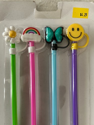 4-Count Reusable Straws With Removable Toppers - Happy Theme - NEW - Picture 3 of 6