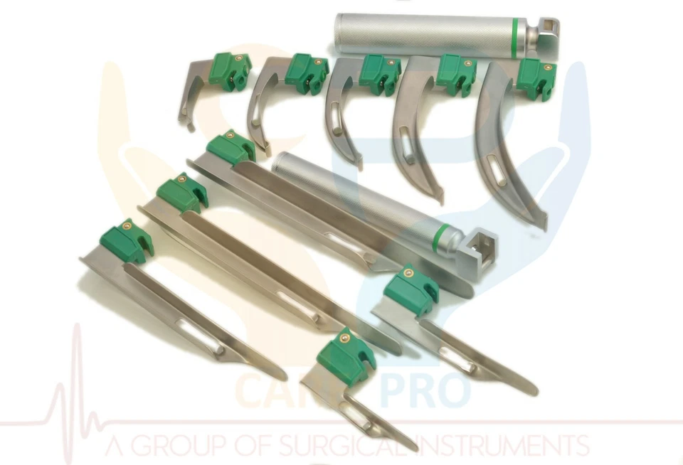 Laringoscopio de fibra óptica Mac + Miller EMT Anestesia Combo JUEGO 9 CUCHILLAS 2 ASAS Foto 3 de 4