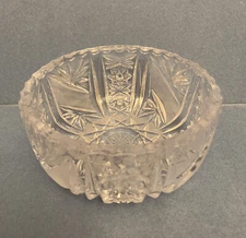 Vtg Heavy Lead Crystal Bowl, Brilliant Hand Cut Hobstar, Thumbprint/Beveled Edge