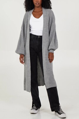 Longline Light Grey Double Pocket Knitted Cardigan Made In UK One Size 8-16