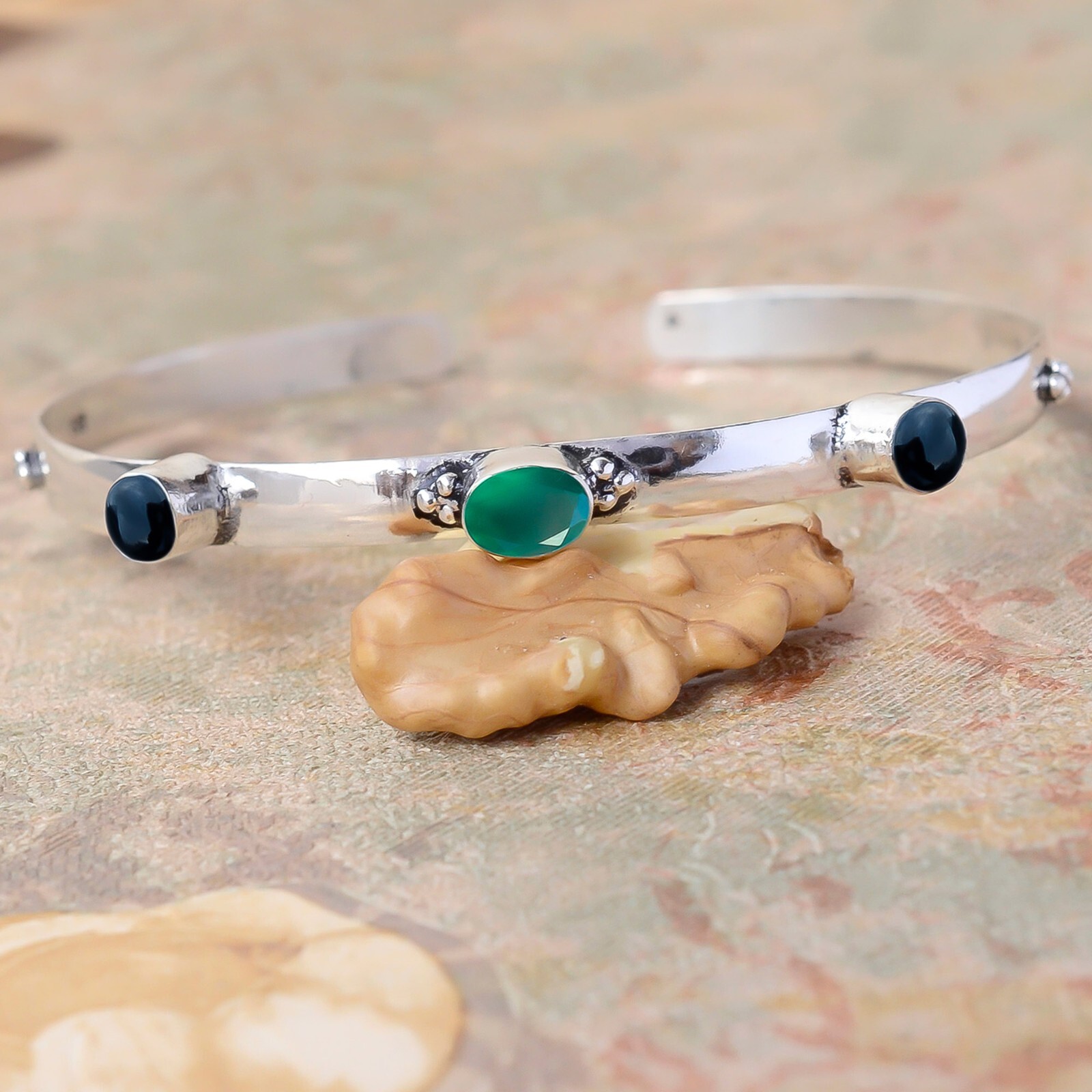 Bangle Black Onyx,Green Onyx Gemstone 925 Sterling Silver Handmade Cuff-image