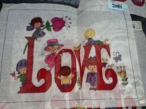 Vintage Unused BOBBI Painted " LOVE " with Kids NEEDLEPOINT CANVAS 25x18 3/4" - Picture 4 of 6