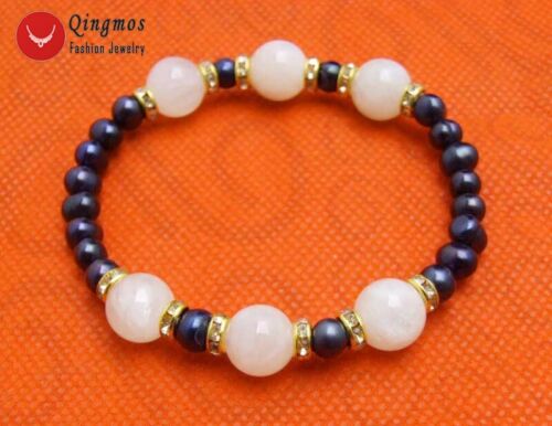Pulsera redonda de perlas naturales negras de 6 mm para mujer con piedra lunar blanca de 10 mm 7.5 '' - Imagen 7 de 7